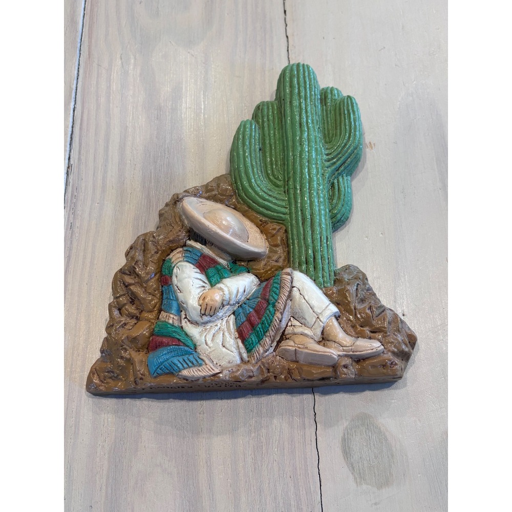 Vintage 1988 Frankie's Designs Sleeping Mexican Man Cactus Wall Plaque‎ Decor
